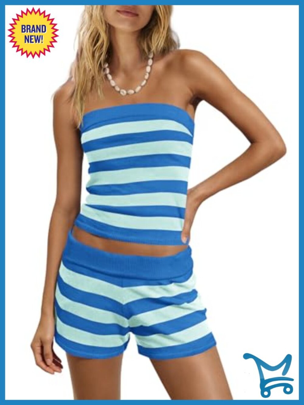 Womens Cotton Blend Striped Lounge Set 2 Piece Tube Top Shorts Set